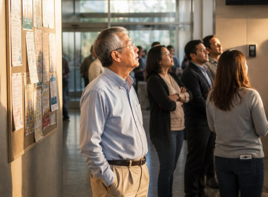 Older East Asian man looking at wellness challenge leaderboard in office lobby with coworkers nearby.