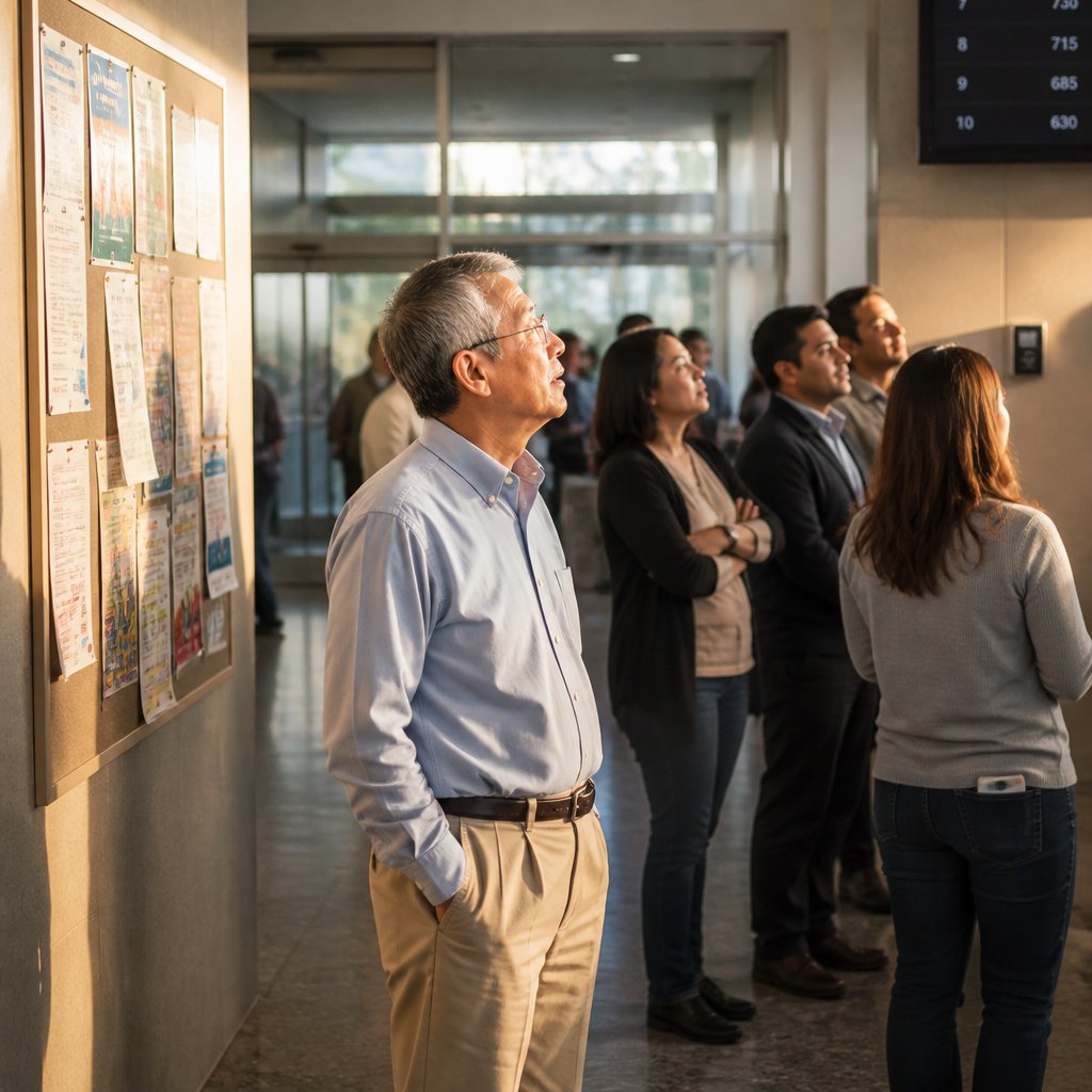 Older East Asian man looking at wellness challenge leaderboard in office lobby with coworkers nearby.
