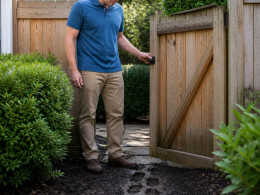 Man examining muddy boot prints near an unlatched side yard gate in a suburban backyard.