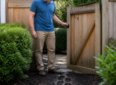 Man examining muddy boot prints near an unlatched side yard gate in a suburban backyard.