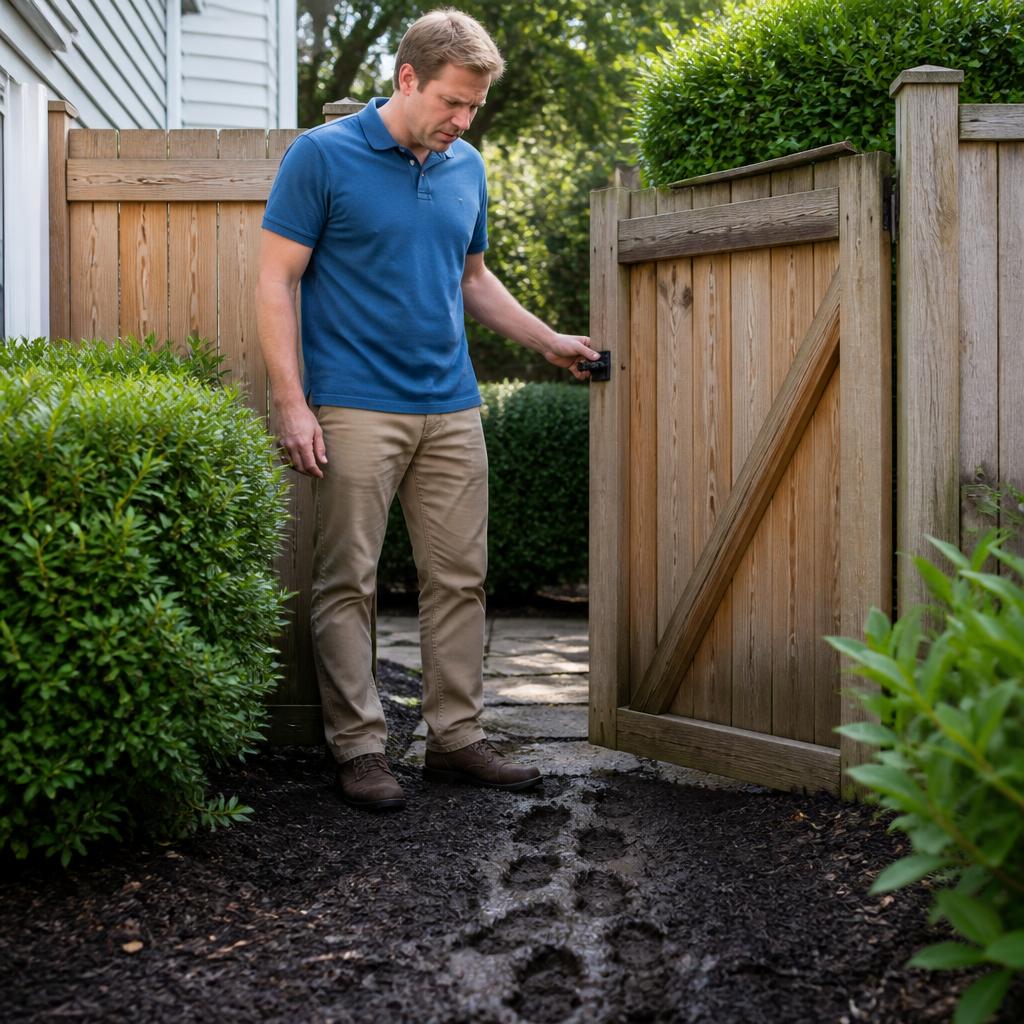 Man examining muddy boot prints near an unlatched side yard gate in a suburban backyard.