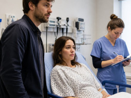 Man standing beside a woman sitting on a hospital stretcher in triage, nurse writing notes nearby.