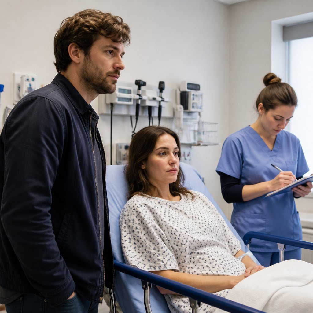 Man standing beside a woman sitting on a hospital stretcher in triage, nurse writing notes nearby.