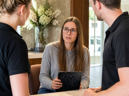 Young woman holding a cracked tablet at a boutique reception, overhearing staff talking quietly nearby.