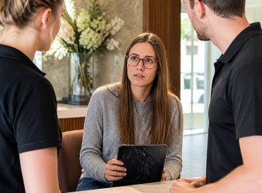 Young woman holding a cracked tablet at a boutique reception, overhearing staff talking quietly nearby.