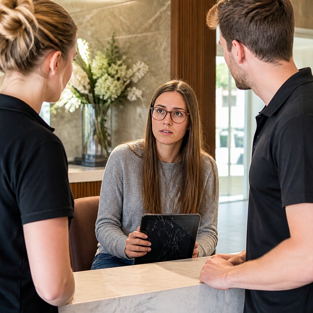 Young woman holding a cracked tablet at a boutique reception, overhearing staff talking quietly nearby.