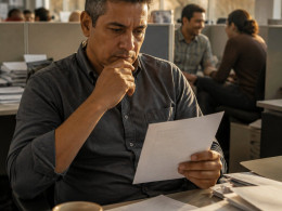 Man reading a printed email about new phone policy at his office desk, looking concerned.