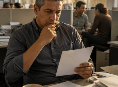 Man reading a printed email about new phone policy at his office desk, looking concerned.