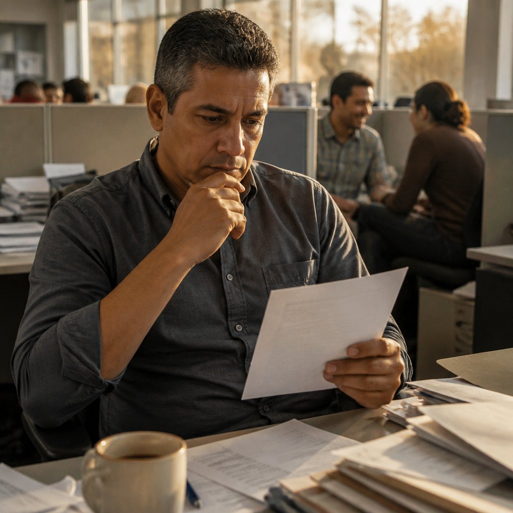 Man reading a printed email about new phone policy at his office desk, looking concerned.