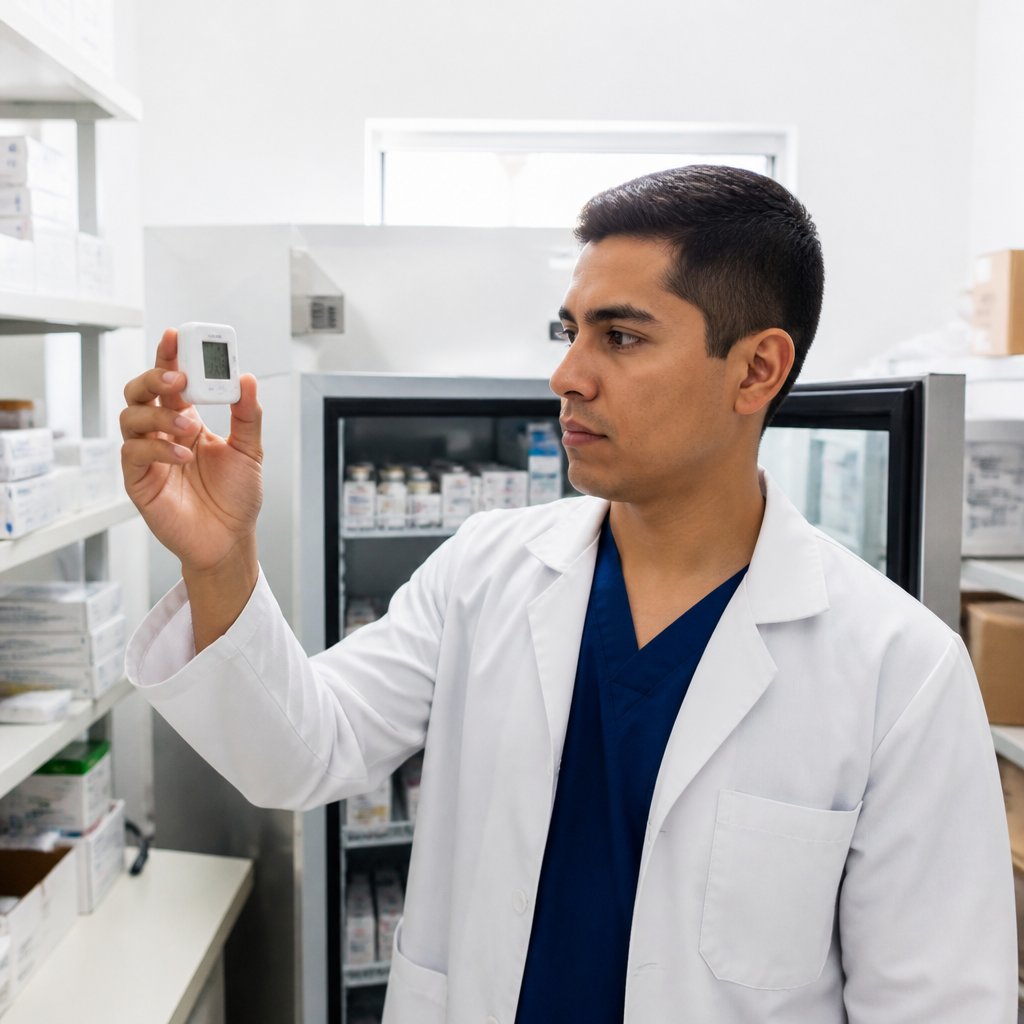 Young Latino man in lab coat examining data logger beside vaccine refrigerator in clinic supply room.