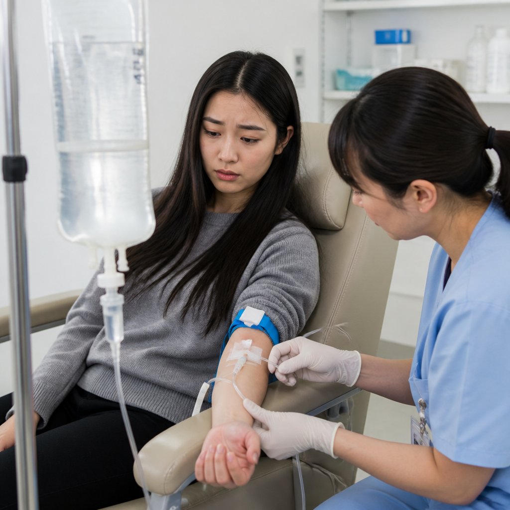 East Asian woman watching a cloudy saline bag in an IV lounge while a nurse adjusts her IV.