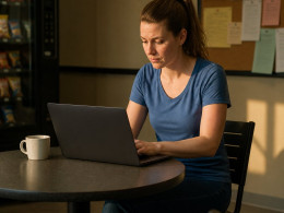 Woman reviewing timekeeping data on laptop in a workplace break room, appearing focused and concerned.