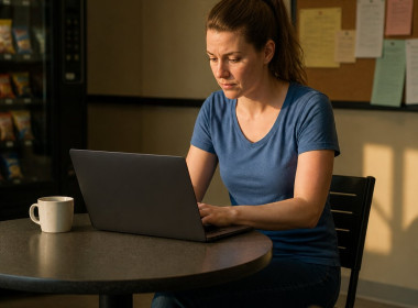 Woman reviewing timekeeping data on laptop in a workplace break room, appearing focused and concerned.