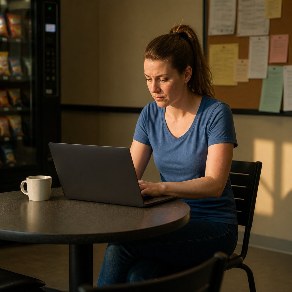 Woman reviewing timekeeping data on laptop in a workplace break room, appearing focused and concerned.