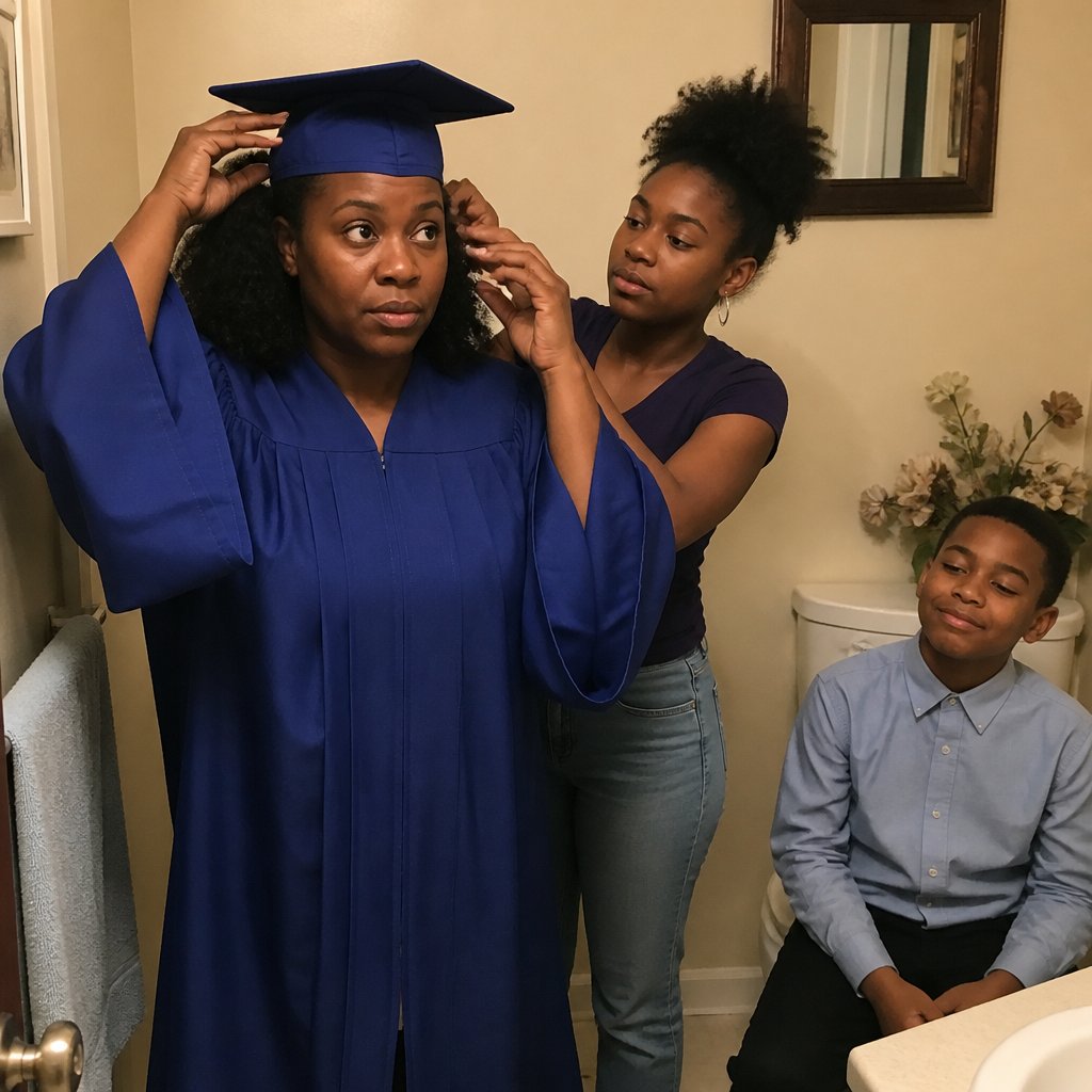 Woman adjusting graduation cap in bathroom mirror while her daughter helps and son watches
