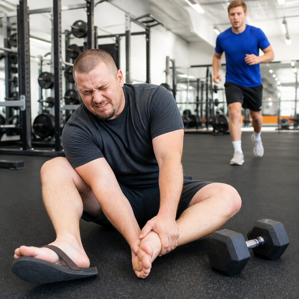 Man sitting on gym floor in pain after dropping a dumbbell on his foot