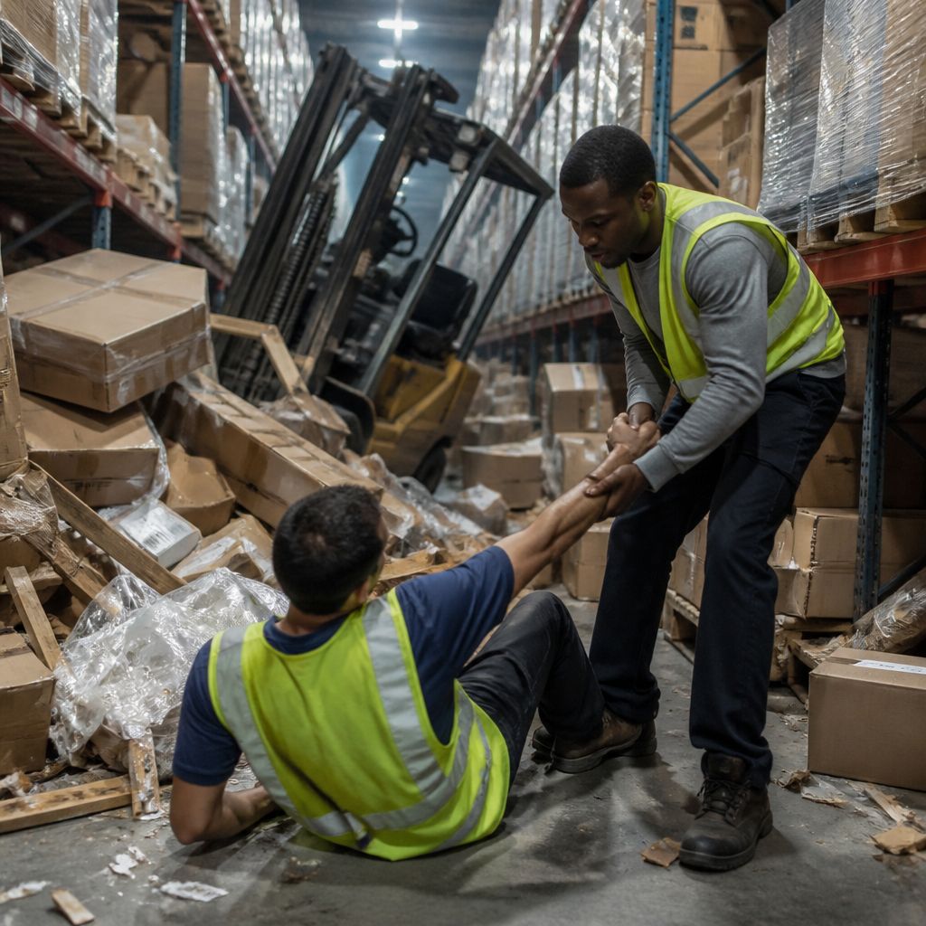 Warehouse aftermath of pallet collapse with worker being helped up and scattered debris