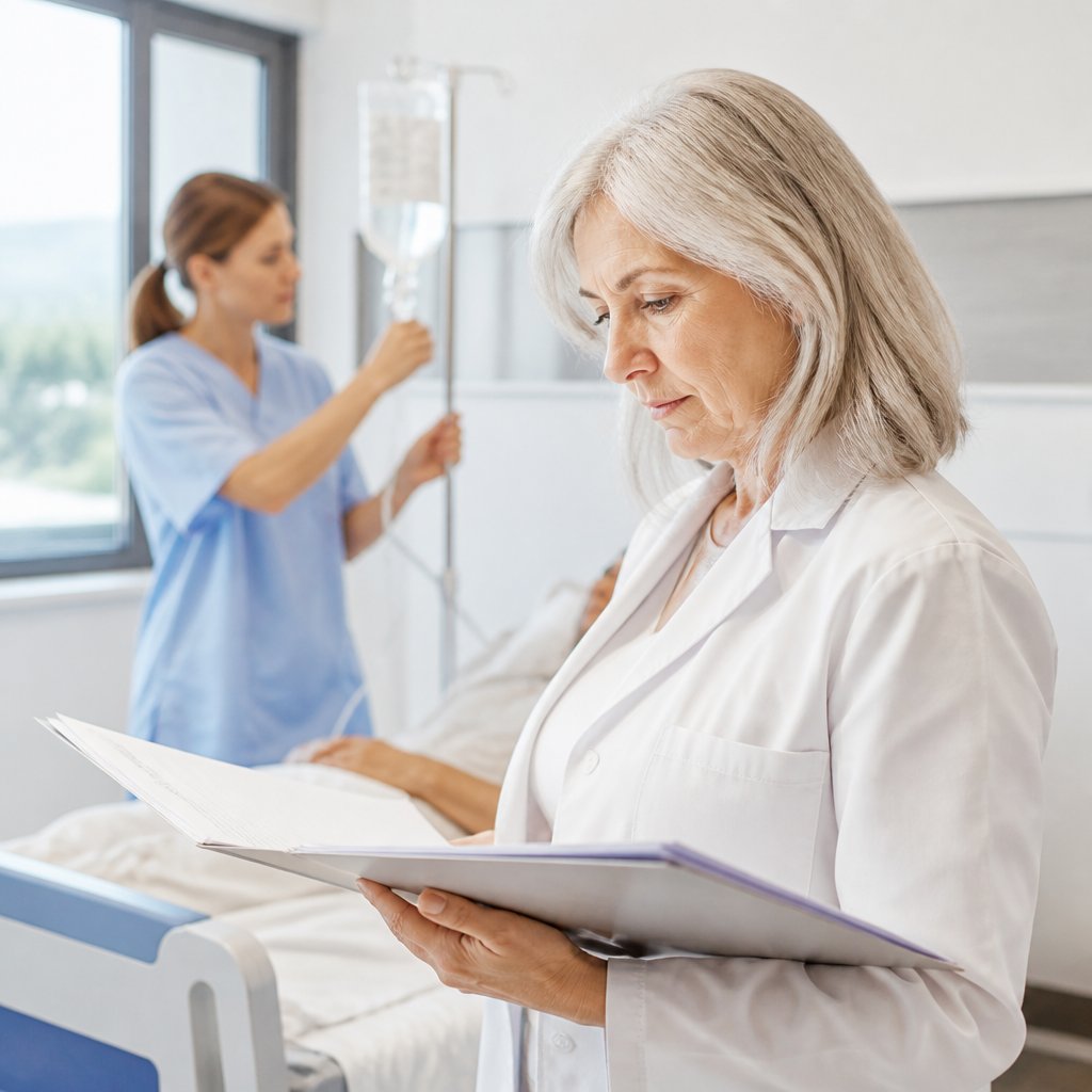 Woman in a white coat reviewing patient chart in hospital ward with nurse adjusting IV in background.
