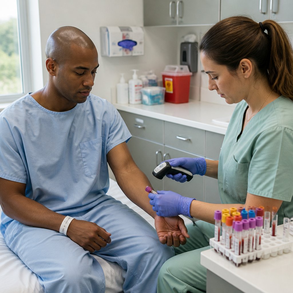 Phlebotomist scanning patient wristband and labeling tubes in hospital room.