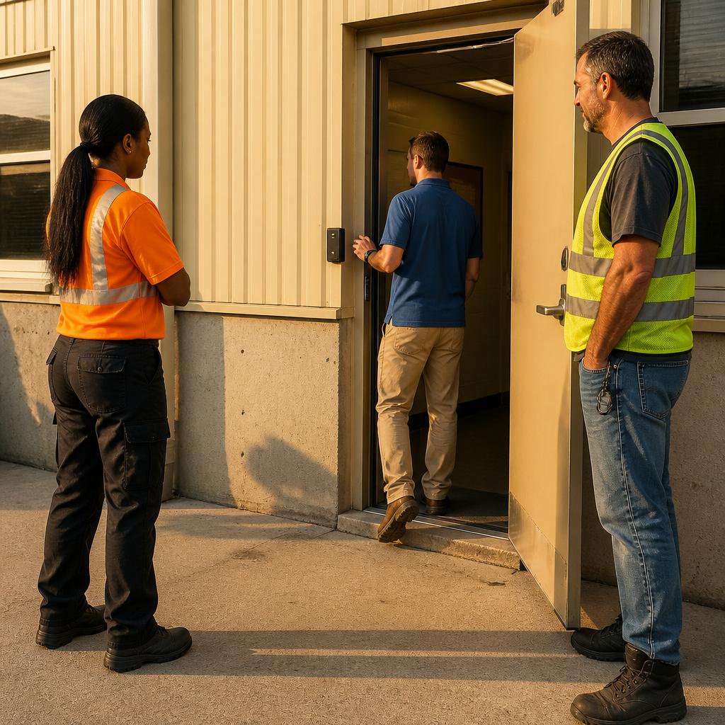 A woman in a high-vis shirt waits outside a locked break room door near a supervisor holding a stopwatch, under bright sunlight.