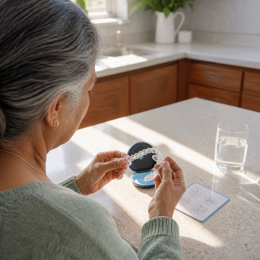 Hands holding clear aligner tray with instruction card on countertop, woman in green sweater.