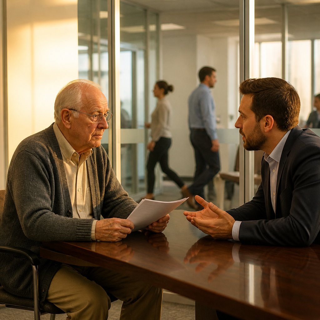 Older man in gray cardigan meeting in glass HR office with his manager.