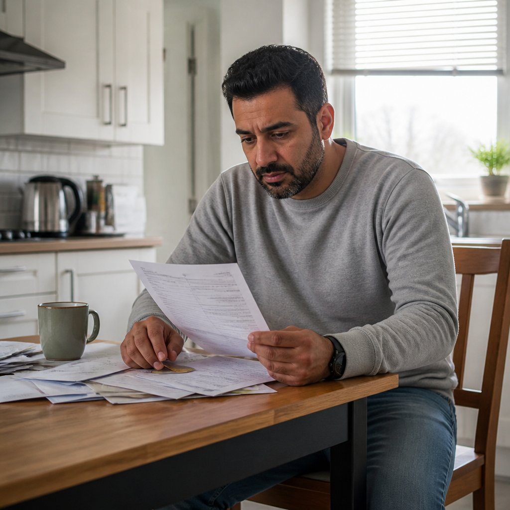 Man sitting at kitchen table, reviewing a credit card statement with a worried look.