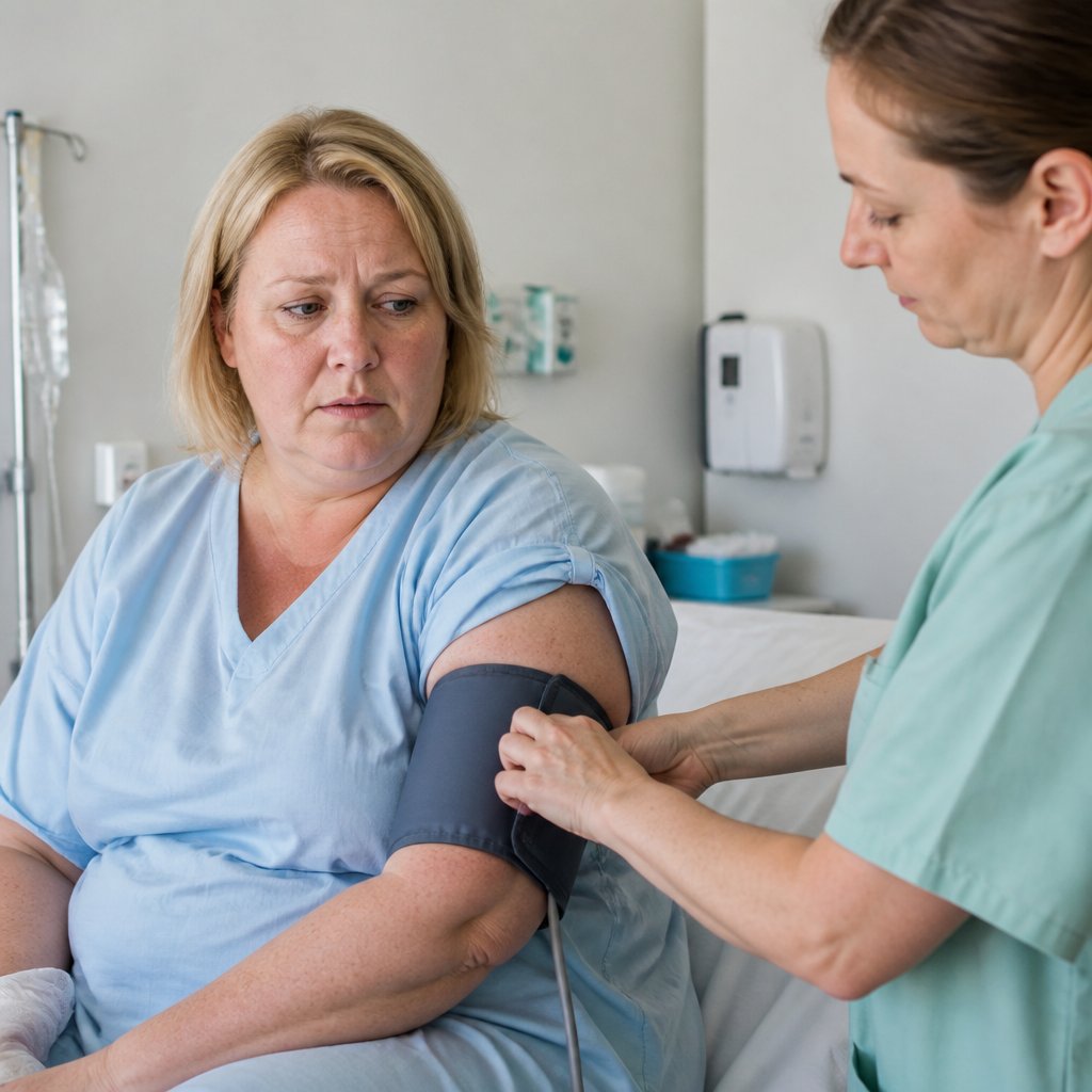 Woman having blood pressure measured by indifferent nurse in hospital room.