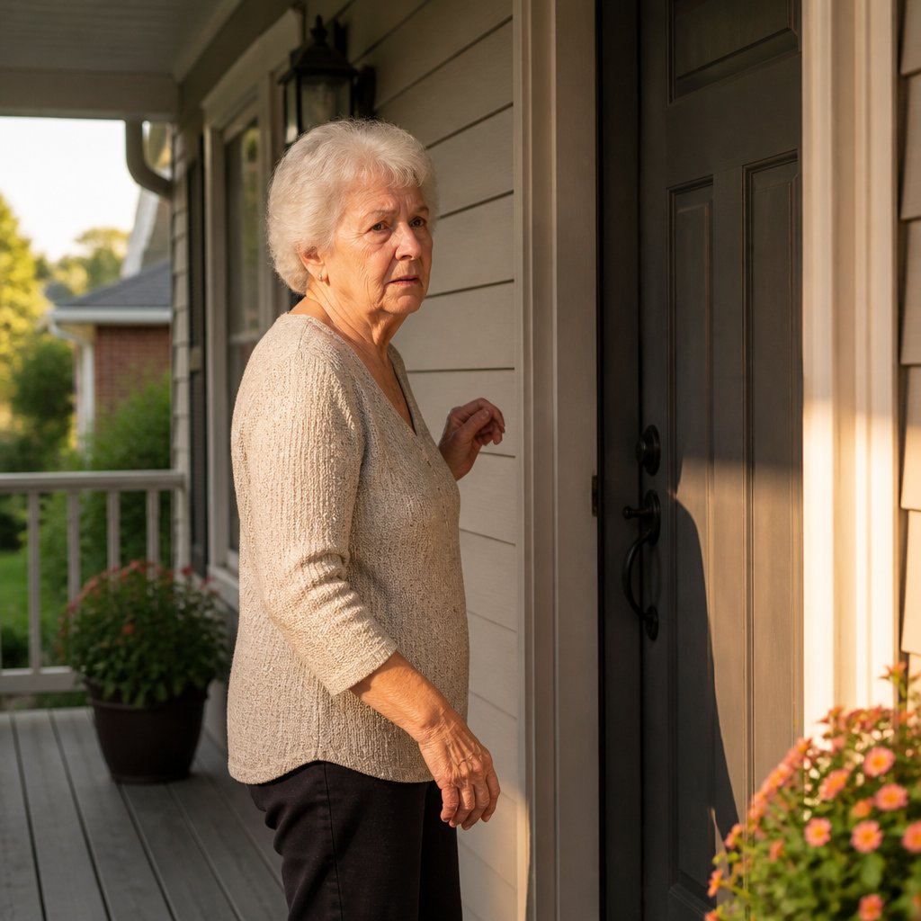 Elderly woman standing at closed front door with hurt confused expression reaching out