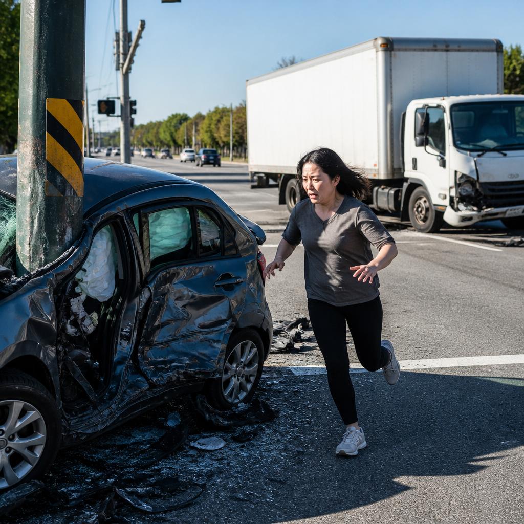 Crashed sedan against utility pole with damaged delivery truck in intersection