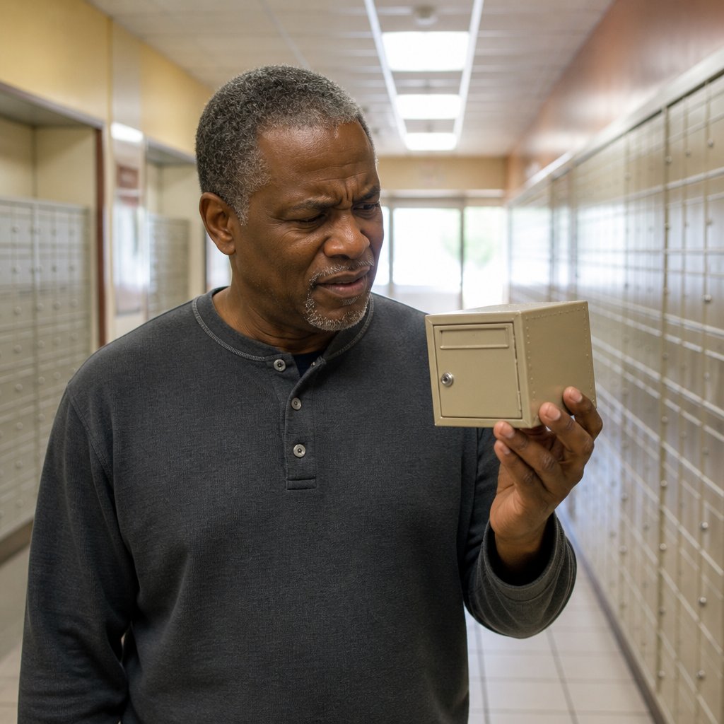 Man staring at contractor's rented mailbox in a strip mall realizing he was scammed