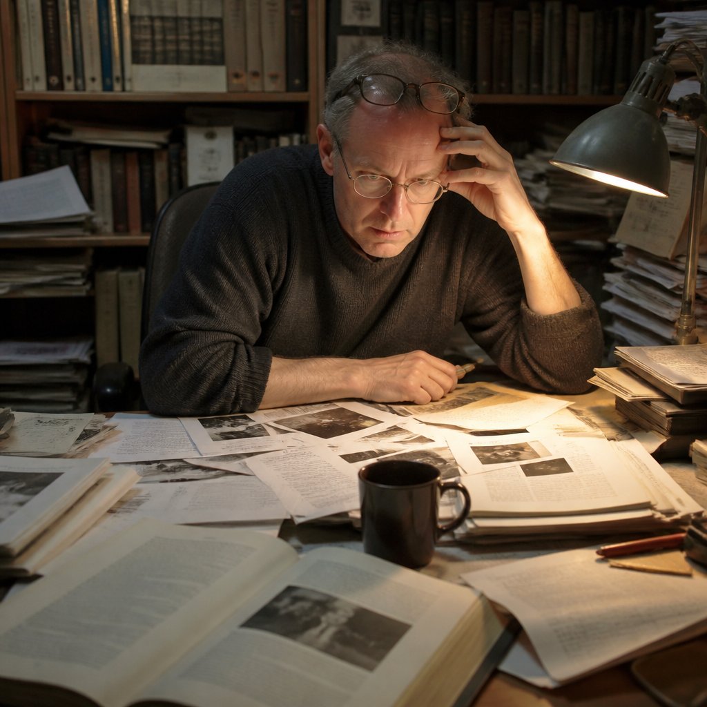 Man obsessively researching at his desk late at night surrounded by printed articles