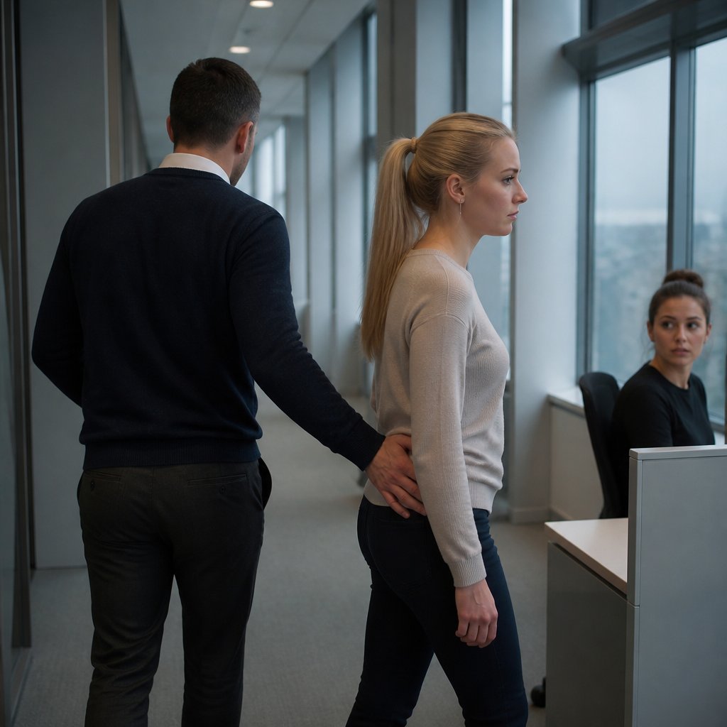 Manager touching woman's back in hallway while she looks uncomfortable and coworker notices