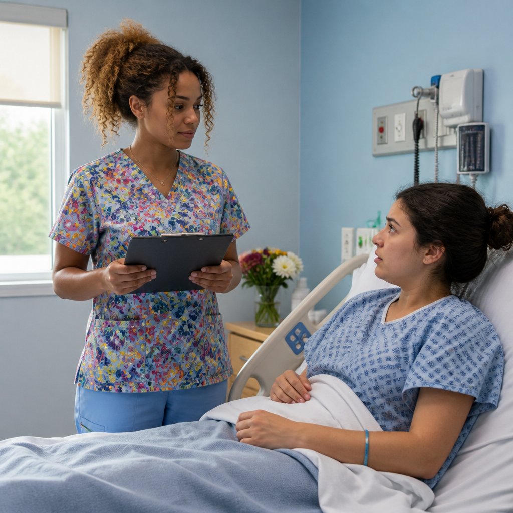 Nurse in colorful scrubs talking to patient sitting up in hospital bed.