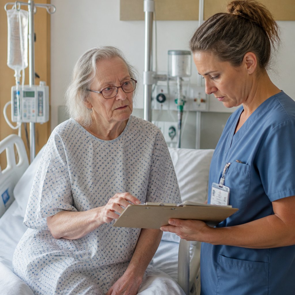 Woman in hospital gown with nurse reviewing paperwork in bright hospital room.