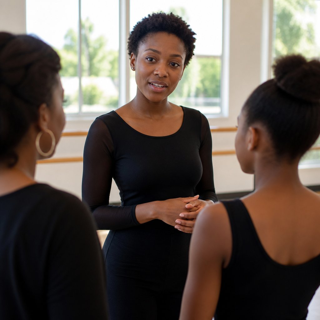 Dance teacher recording a student dancing in a well-lit studio.