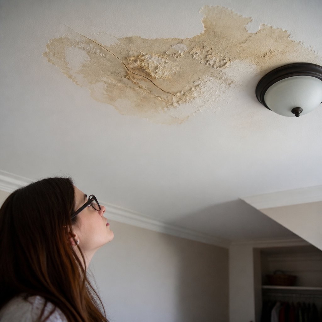 Bubbling water-damaged ceiling plaster with cracks spreading from a large stain