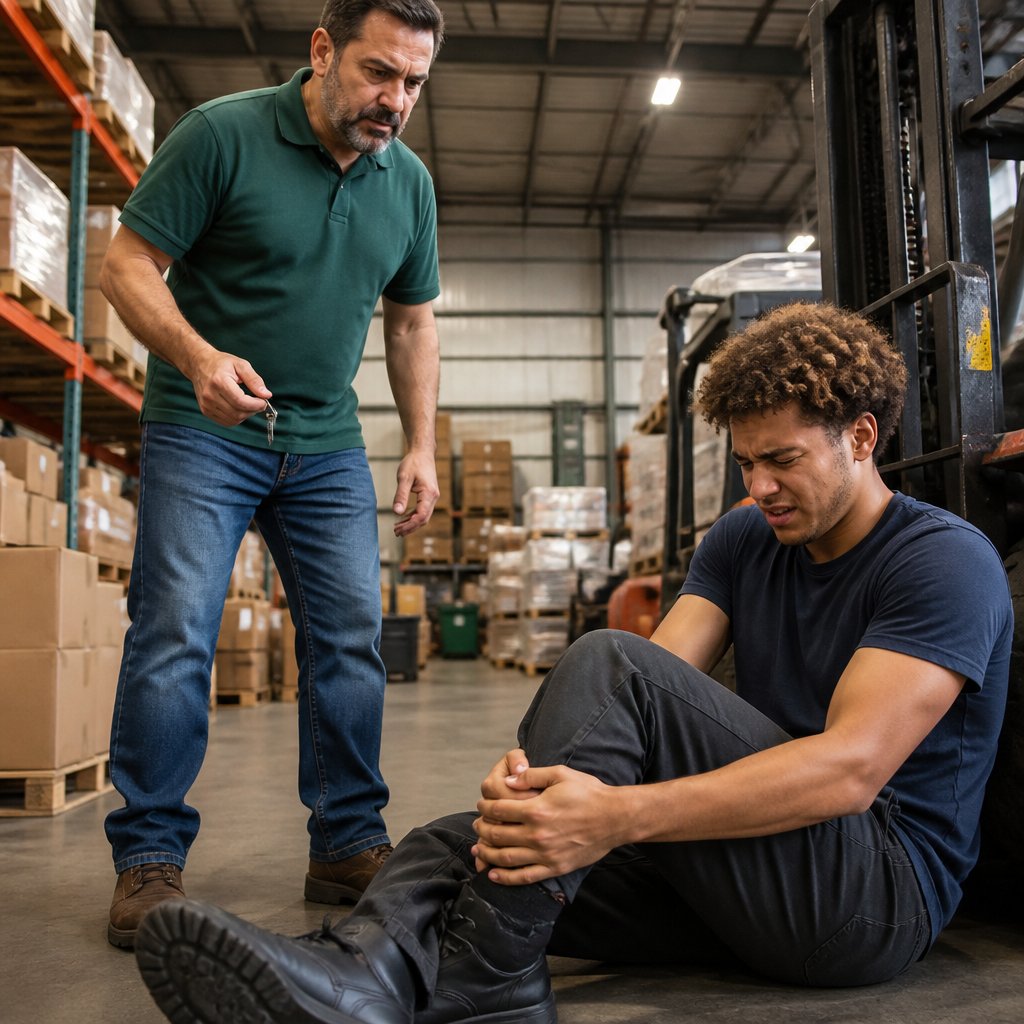 Supervisor holding an override key while speaking sternly to an injured worker sitting on the warehouse floor.