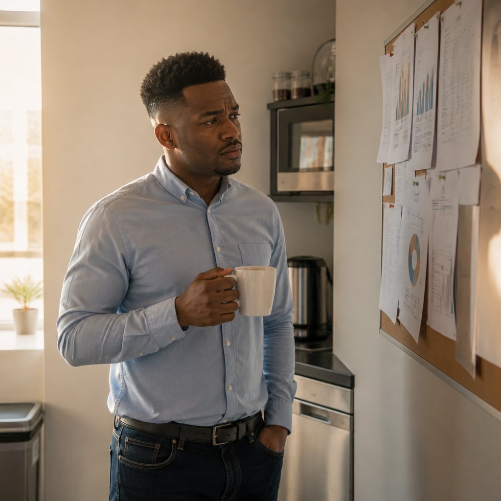 Man standing in an office kitchen looking worriedly at performance charts on a bulletin board.