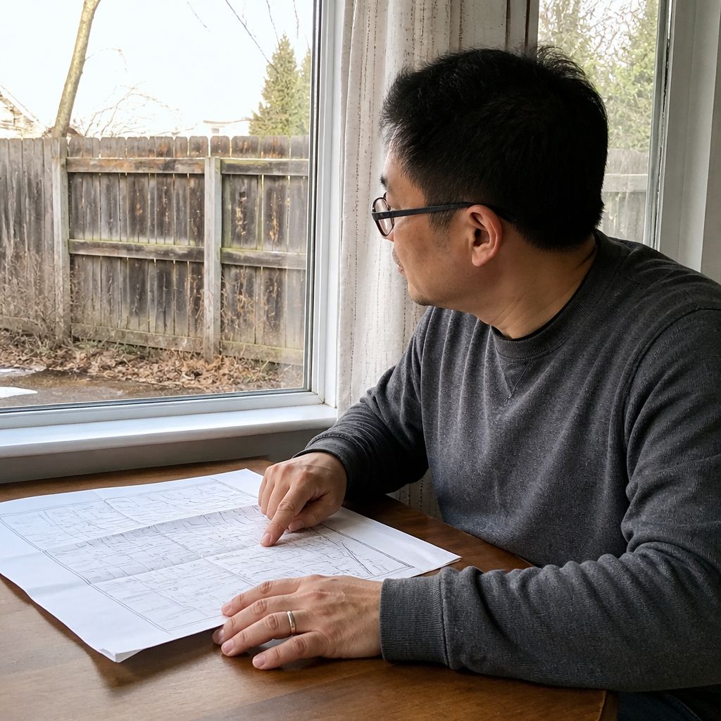 Man looking at plat map at kitchen table with old fence outside window