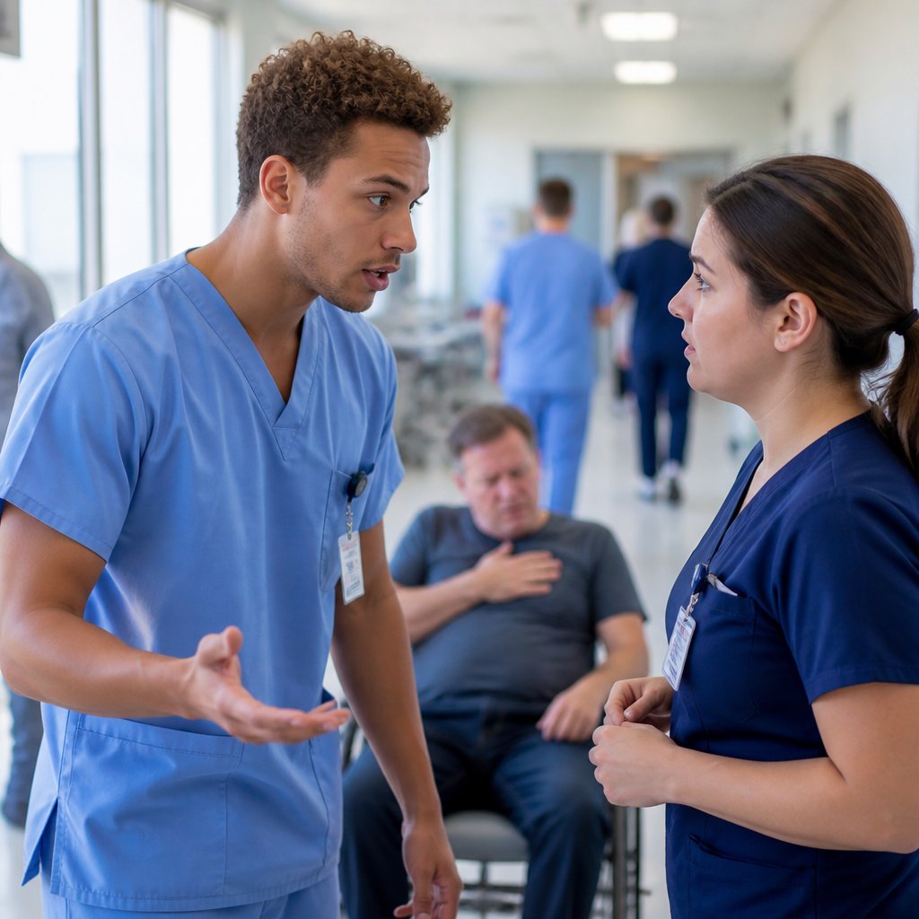 Young man in scrubs warning a nurse about a patient clutching his chest in the emergency room.