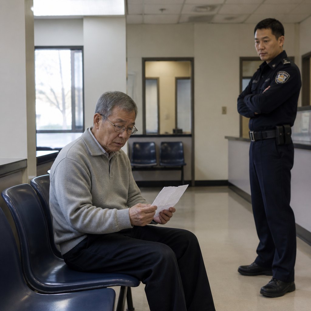 Man sitting in police station lobby holding court order, looking worried.
