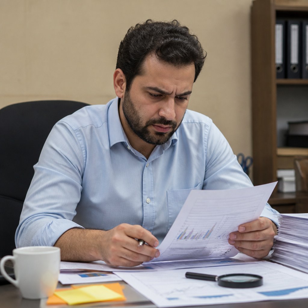 Man reviewing printed reports and documents at his office desk, focused and serious.