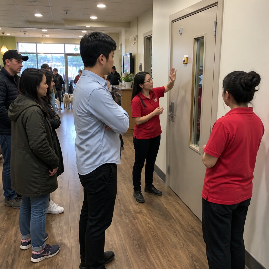 Man watches buzzing inner door ignored by staff and customers in dog daycare lobby.