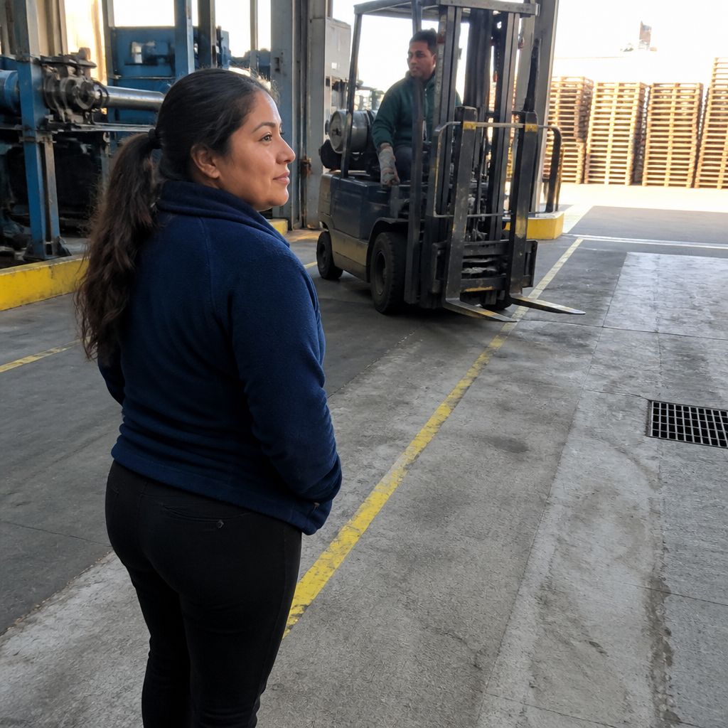 Latina woman watches forklift driver on taped route leading to an open edge at a factory.