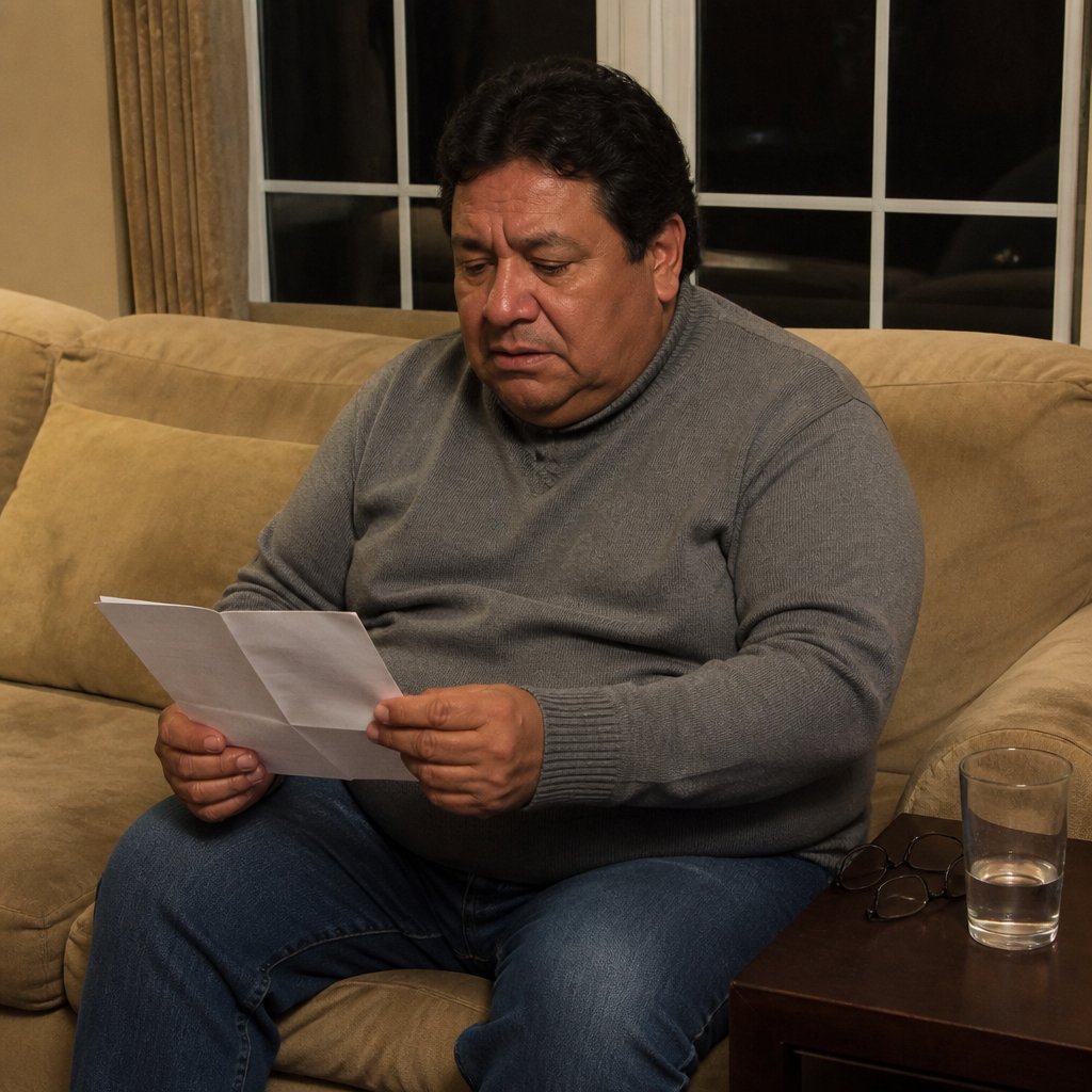 Man reading a police report in his living room at night, looking thoughtful and concerned.