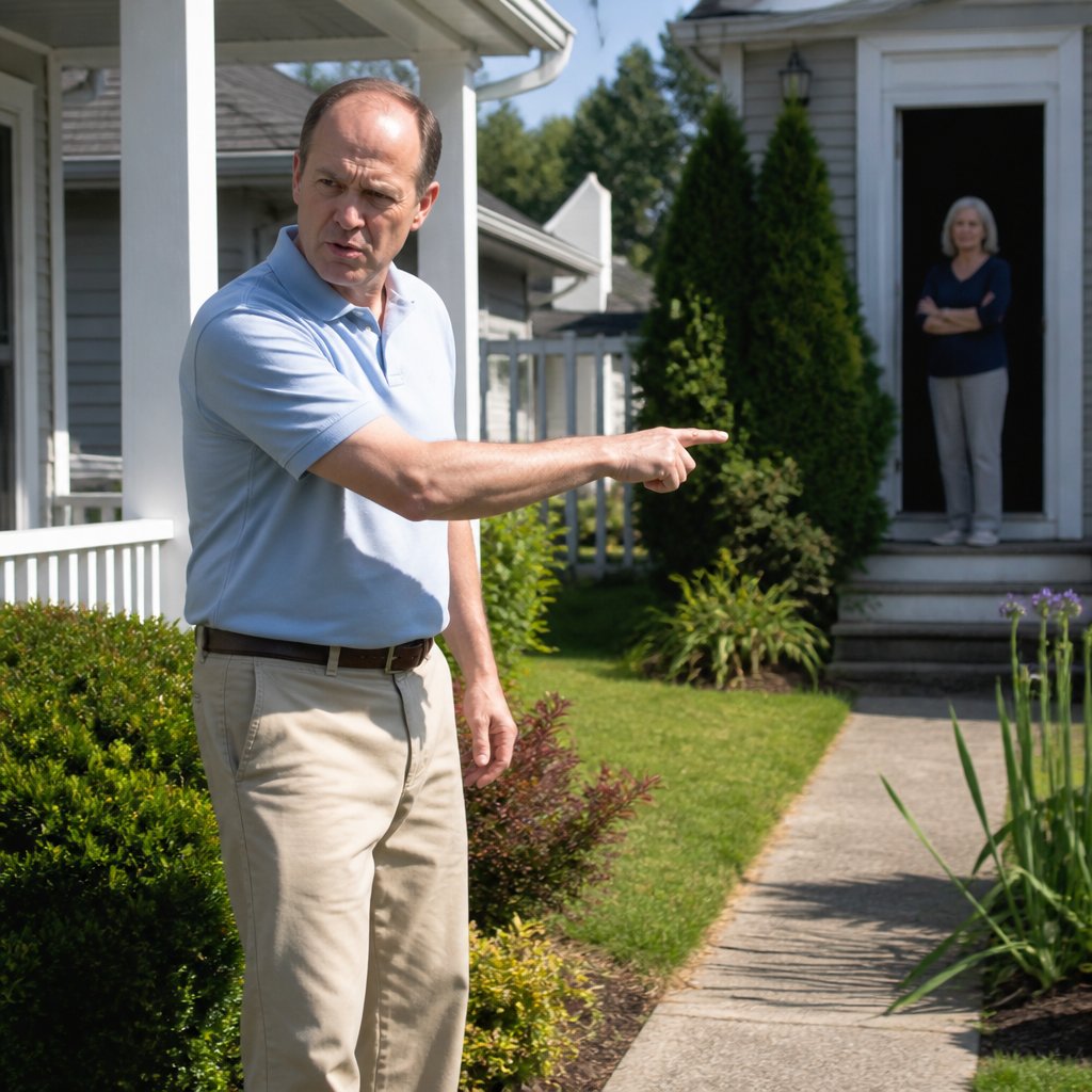 Fussy neighbor pointing accusingly at elderly woman's yard while she stands unimpressed in her doorway