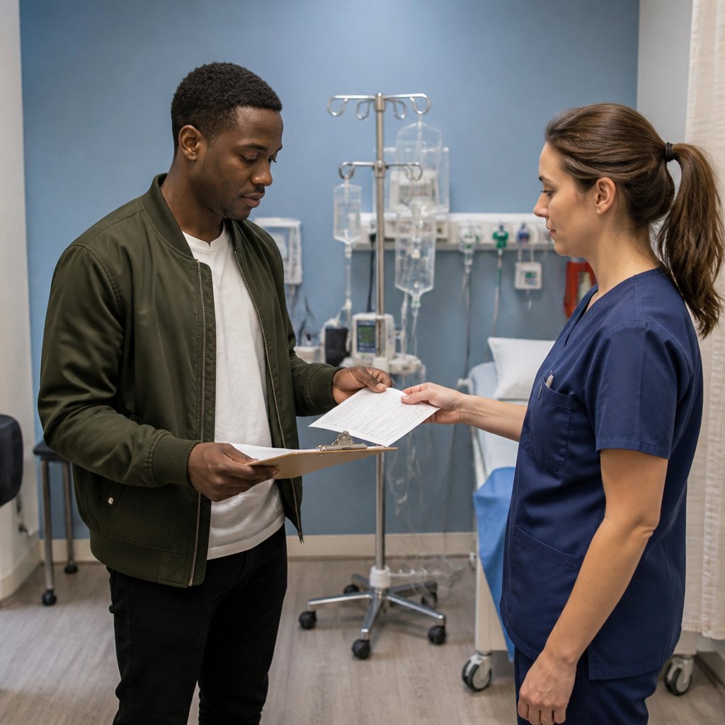 Man receiving paperwork from nurse in hospital pre-op room