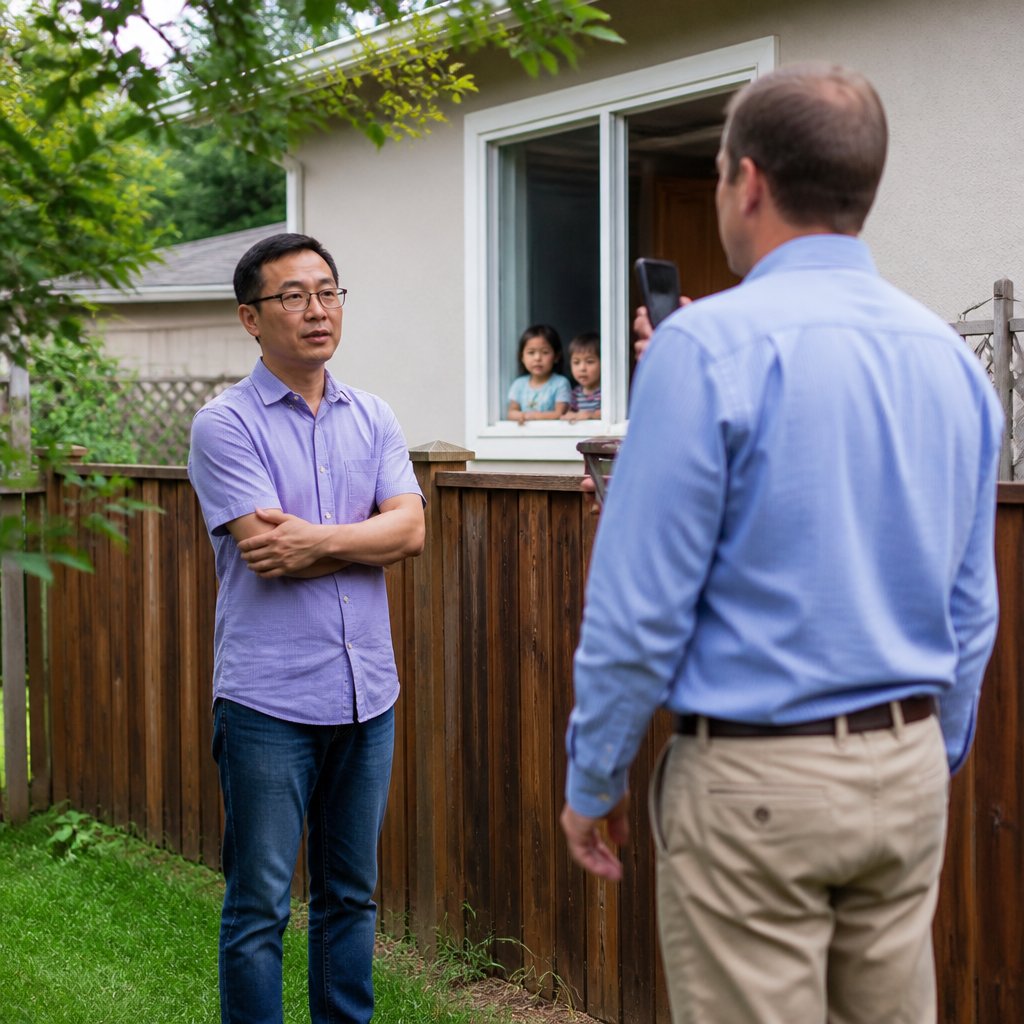 Neighbor confronts man near fence, filming and talking about solar glare.