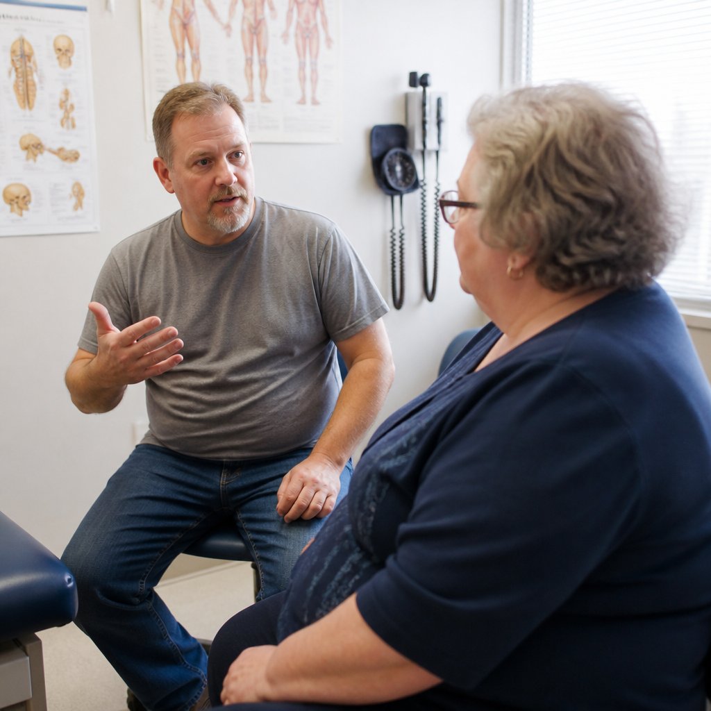 Man in clinic room describing his surgery experience with earnest expression.